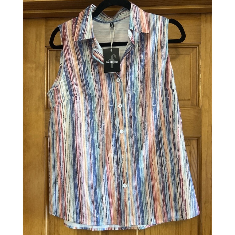 Flamingals Women's Sleeveless Collared Button Up Shirt Large Stripes